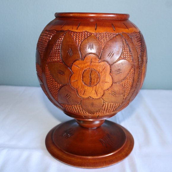 Vintage Hand Turned Carved Solid Wood Pedestal Vase With Lid 14" Tall - Picture 5 of 12